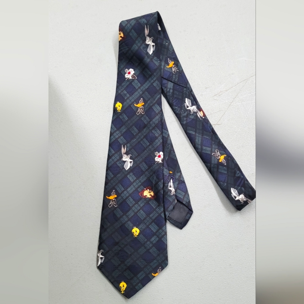 Novelty Cartoon Character Plaid Tie - Navy with Yellow & White Accents